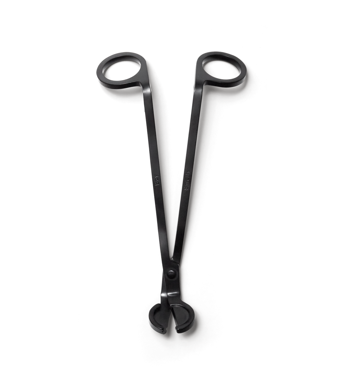 Product shot of metallic black wick trimmer with engraved boy smells logo against a neutral background.