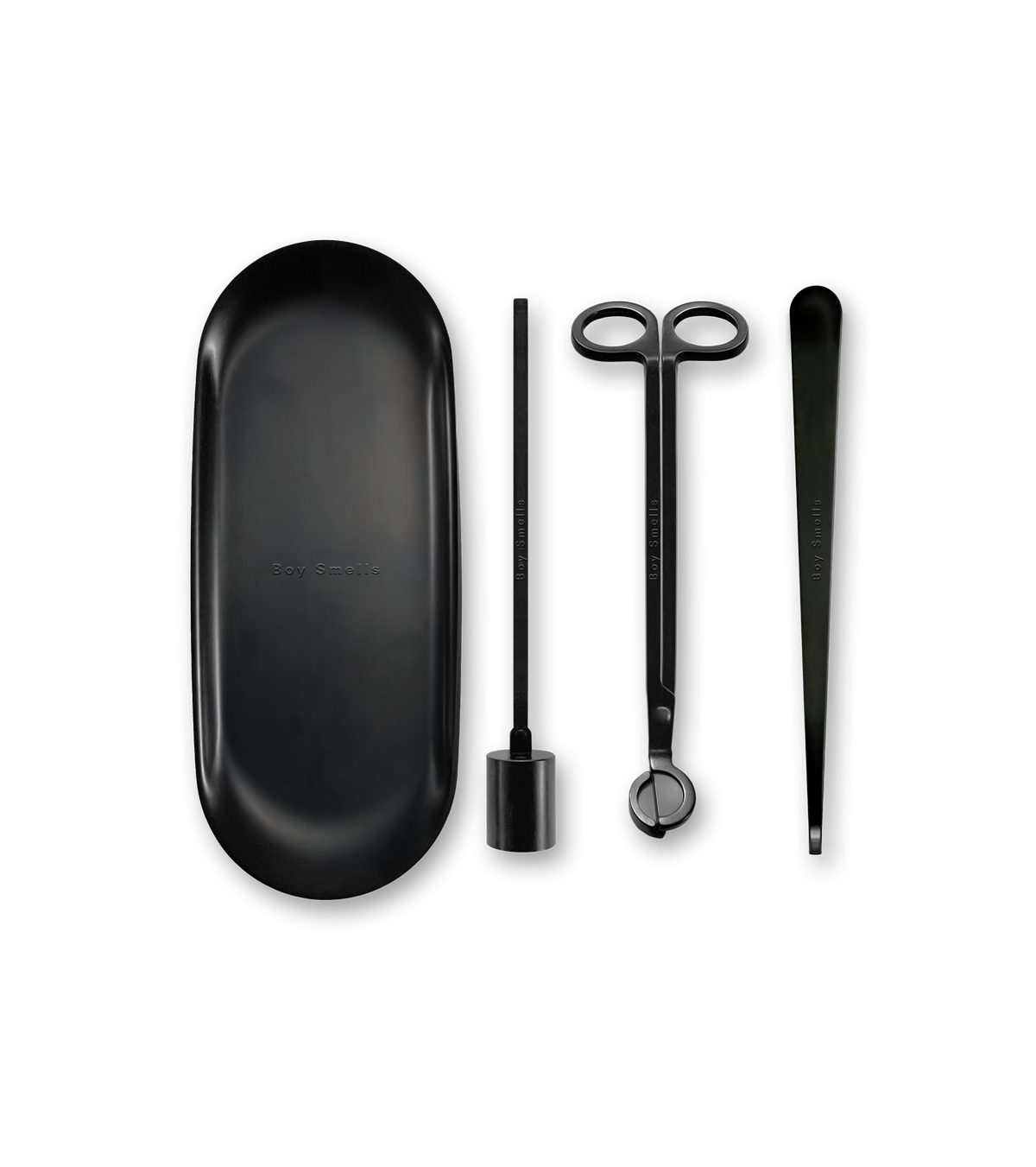 Product shot of 5 matte black tools against a neutral background all with a subtle boy smells logo on the tools.